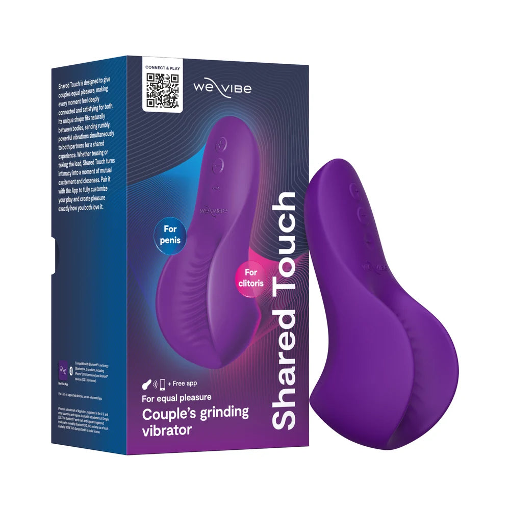 A purple silicone couple's grinding vibrator shown next to its retail packaging box. The box features the brand name 'we vibe' and the product name 'Shared Touch'.