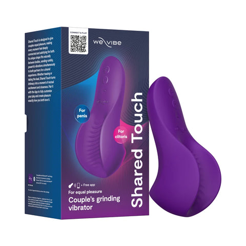 A purple silicone couple's grinding vibrator shown next to its retail packaging box. The box features the brand name 'we vibe' and the product name 'Shared Touch'.