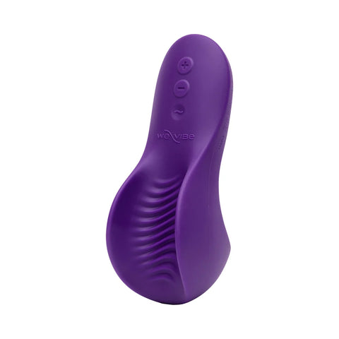 A purple personal massager with a curved ergonomic design, textured grip, and three control buttons on the back, shown on a solid white background.