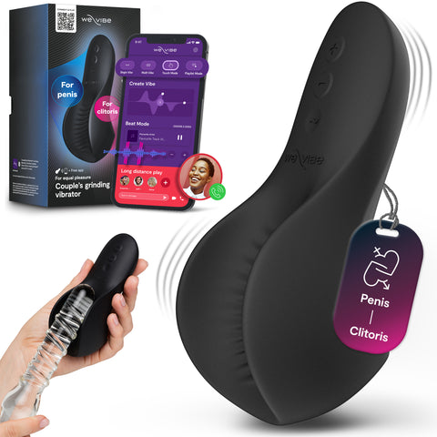 Black wireless clitoral vibrator shown with its retail box, a hand holding the device with a clear suction cup attachment, and a smartphone app screen.